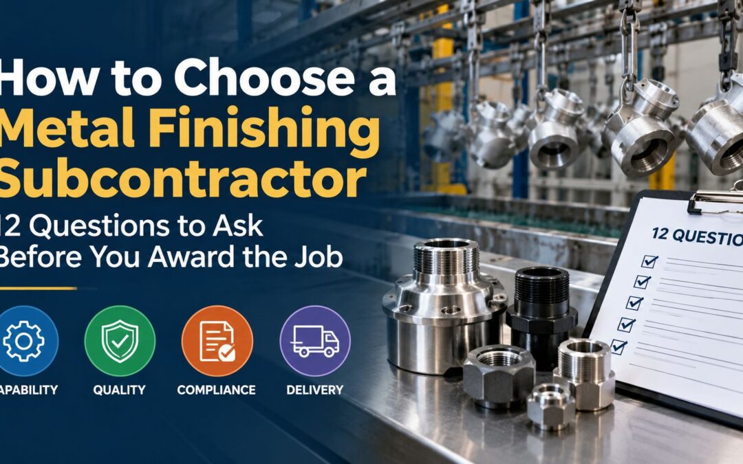Industrial metal finishing facility with plated metal components and a checklist of 12 questions for choosing a metal finishing subcontractor.